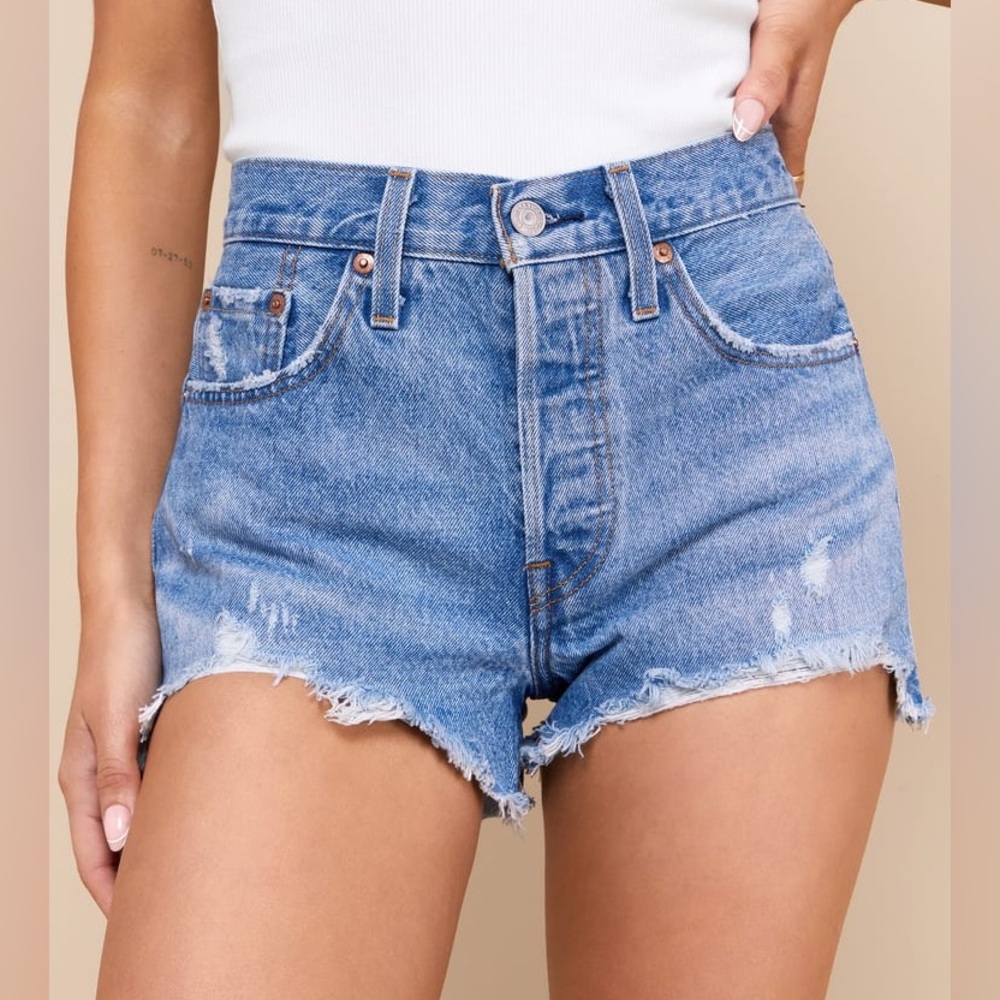 Levi’s 501 Original High-Rise Medium Wash Distressed Denim Shorts